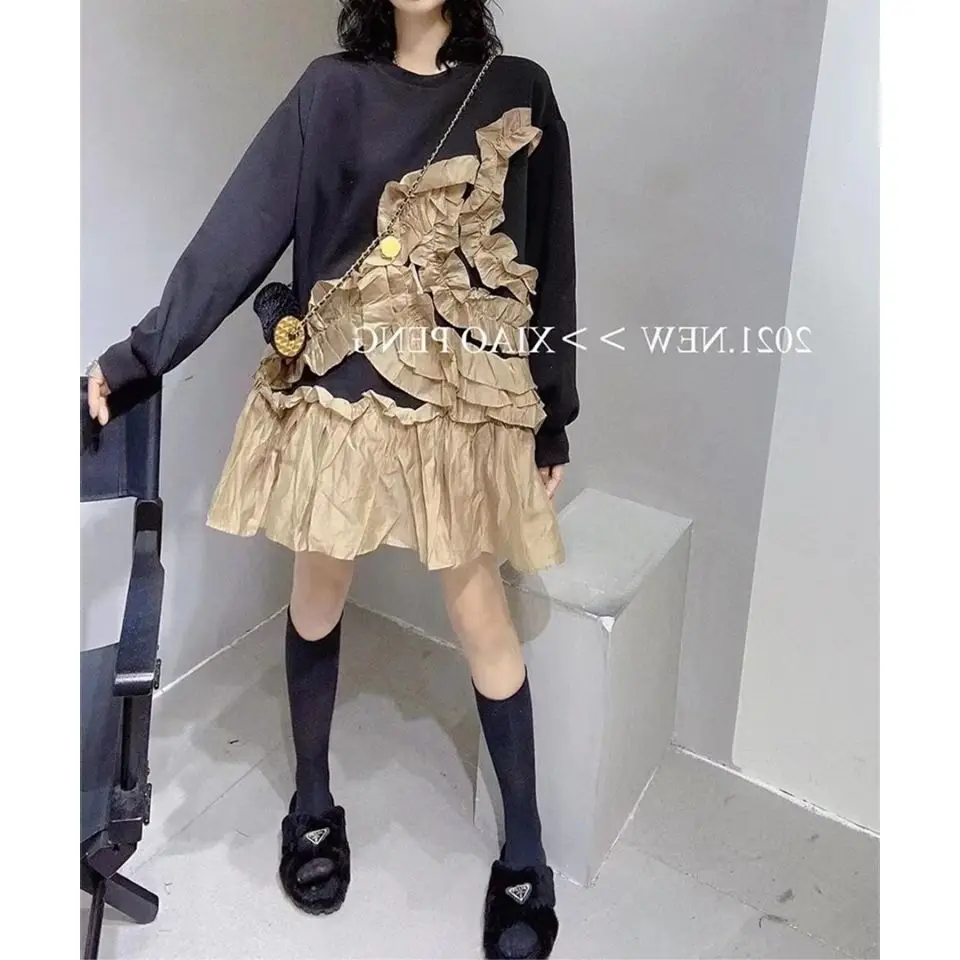 

VANOVICH 2022 Spring and Autumn New Sweatshirt Dress Patchwork Ruffle O-Neck Sweet Oversized Mini Fashion Casual Dress