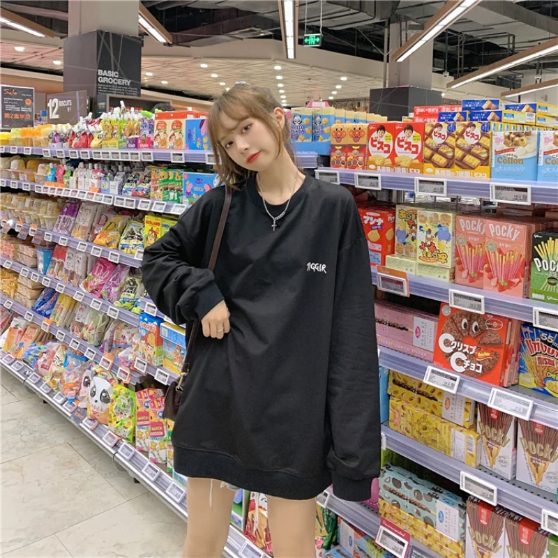 

2020 new BF Harajuku style loose mid-length long-sleeved sweatshirt female autumn and winter student O collar pullover shirt top