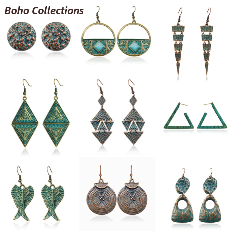 Коллекция богемных сережек ретро бронзовые резные цветы искусственные