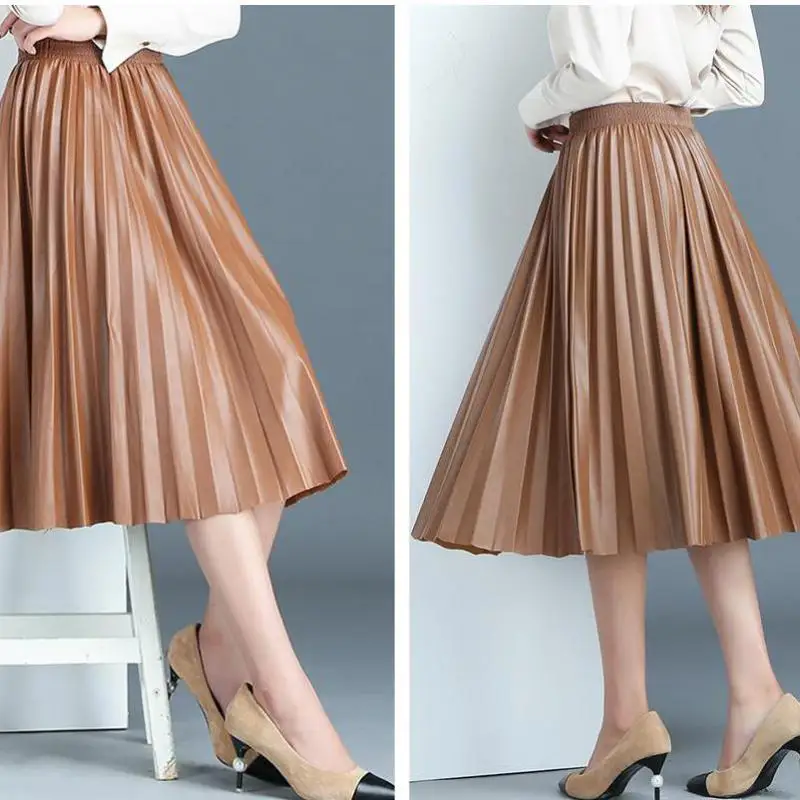 

PEONFLY Ladies Black Midi Skirt Thick Winter Pleated High Waist Vintage Mid-calf Women Longa Saia