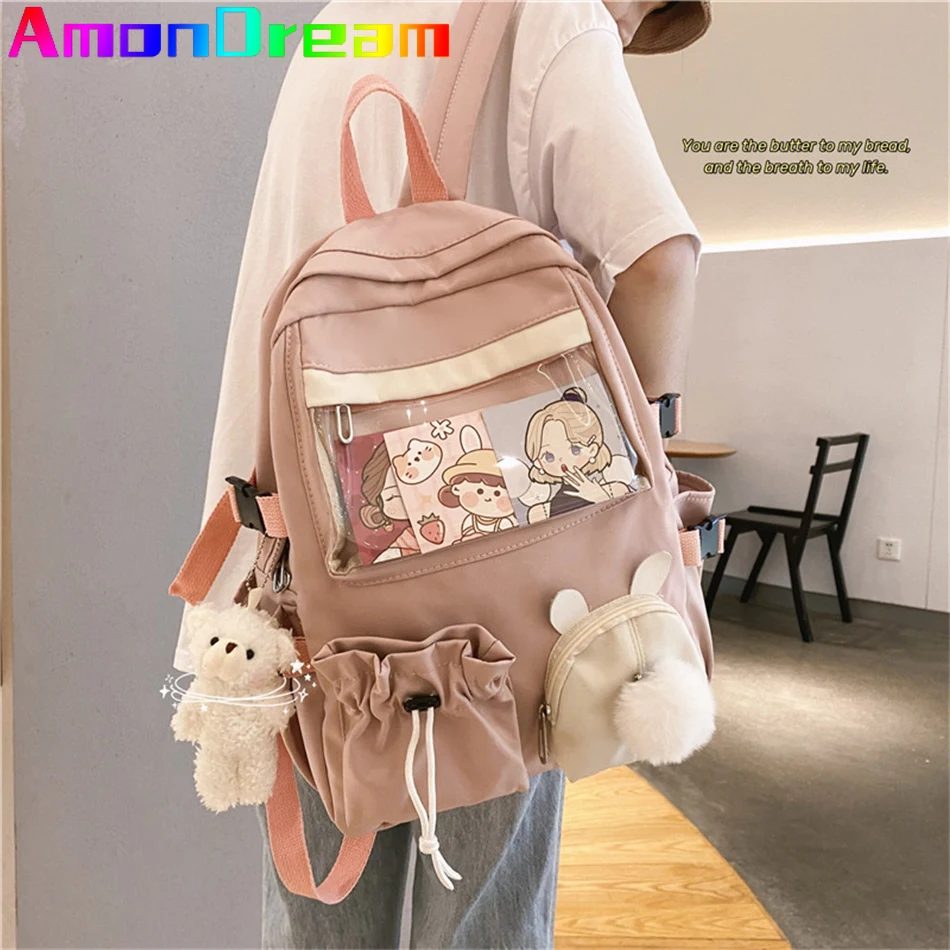 

2021 розовый женский рюкзак с объемным мультяшным кроликом школьная сумка в стиле аниме Kawaii для девочек-подростков однотонный рюкзак на шнур...