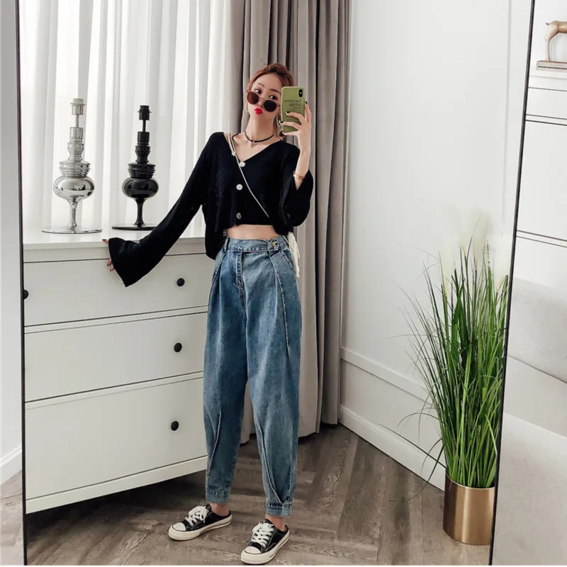 DEAT однотонные с высокой талией складные прямые женские ковбойские девять точек