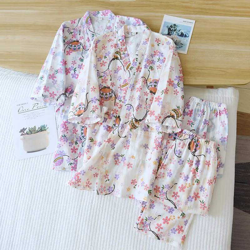 

Spring/Summer Pajamas Women Pure Cotton Gauze Japane Kimono Sakura Half Sleeve Ladies Sleepwear Loose Comfy Home Wear Robes Set