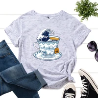 graphic tee for women cotton print t shirts short sleeve crew neck summer tops female clothes tea coffee cup ocean sea waves
