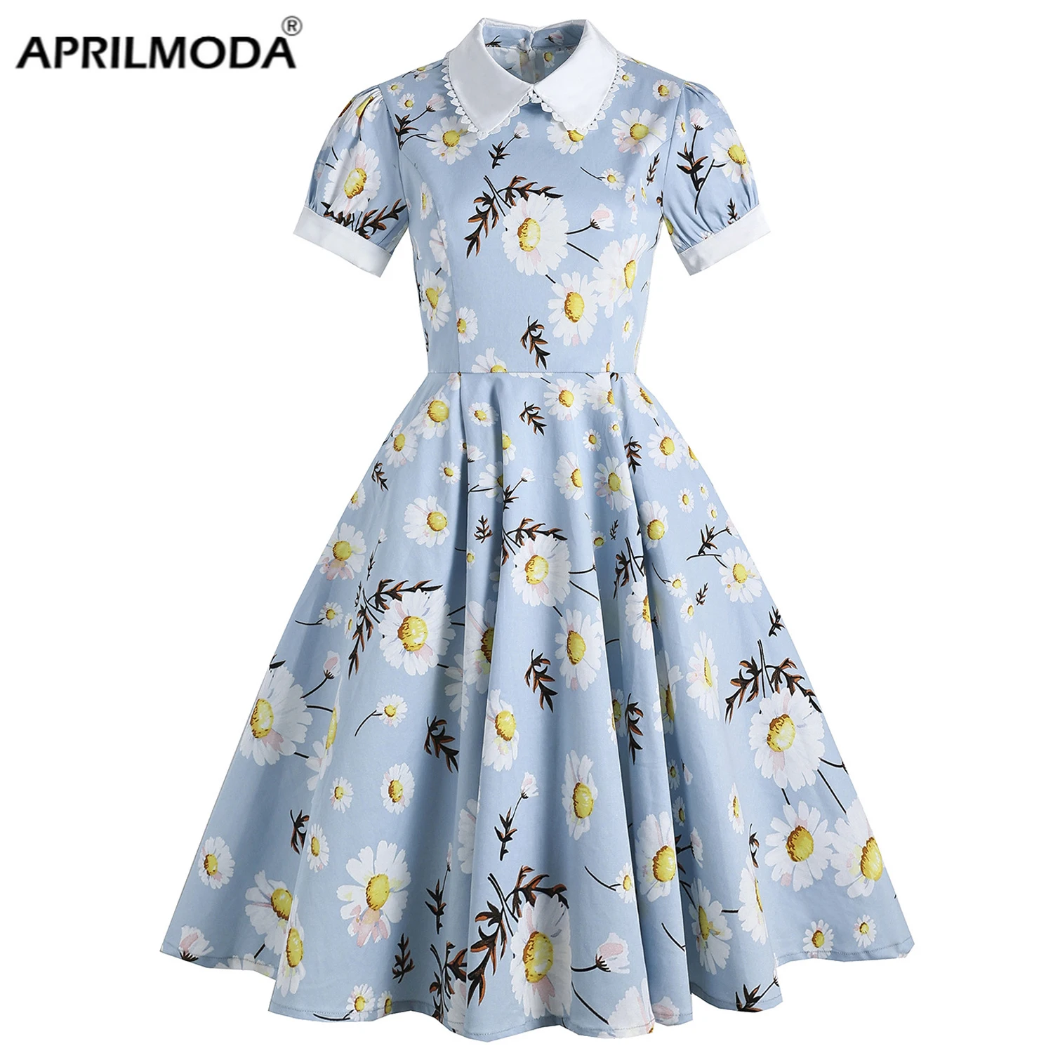 

2021 Flora Blue Summer Casual A Line Women Dress With Pocket Little Daisy Peter Pan Collar Swing Rockabilly 40s 50s 60s Sundress