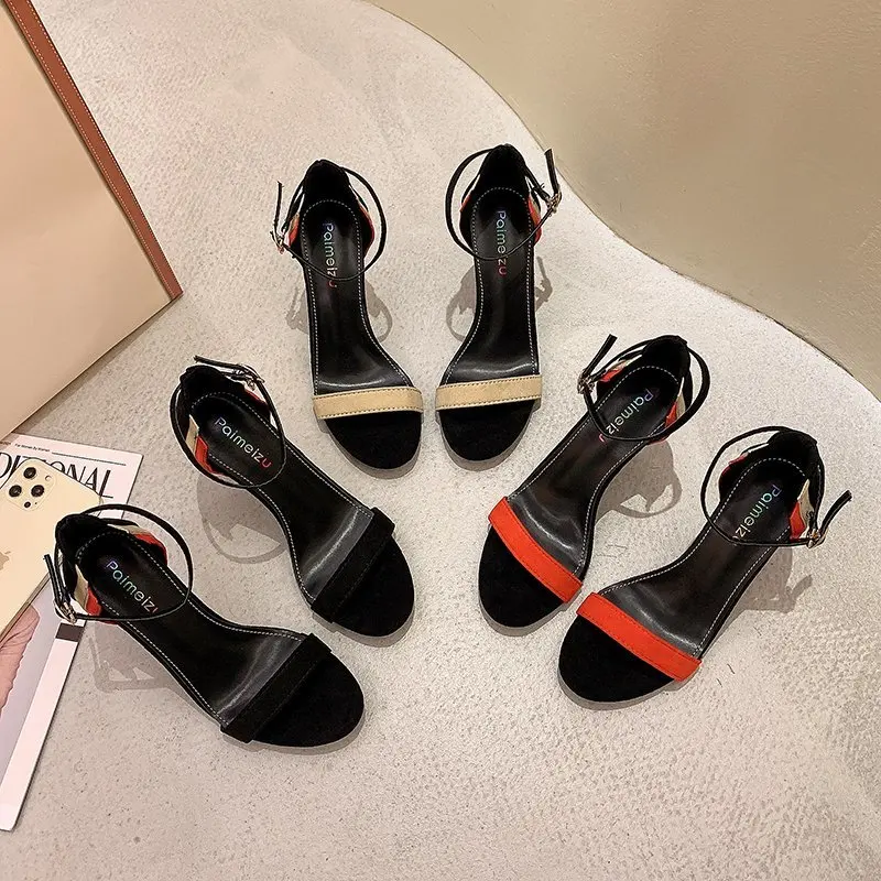 

Open toe Suede Thin Heels High Heels sandals women 2021 summer shoes woman Fashion Mixed Colors Ankle Strap Buckle Strap shoes