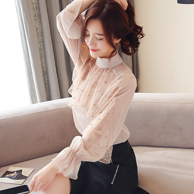 Женские весенние блузки 2019 топы и с бусинами элегантные женские рубашки
