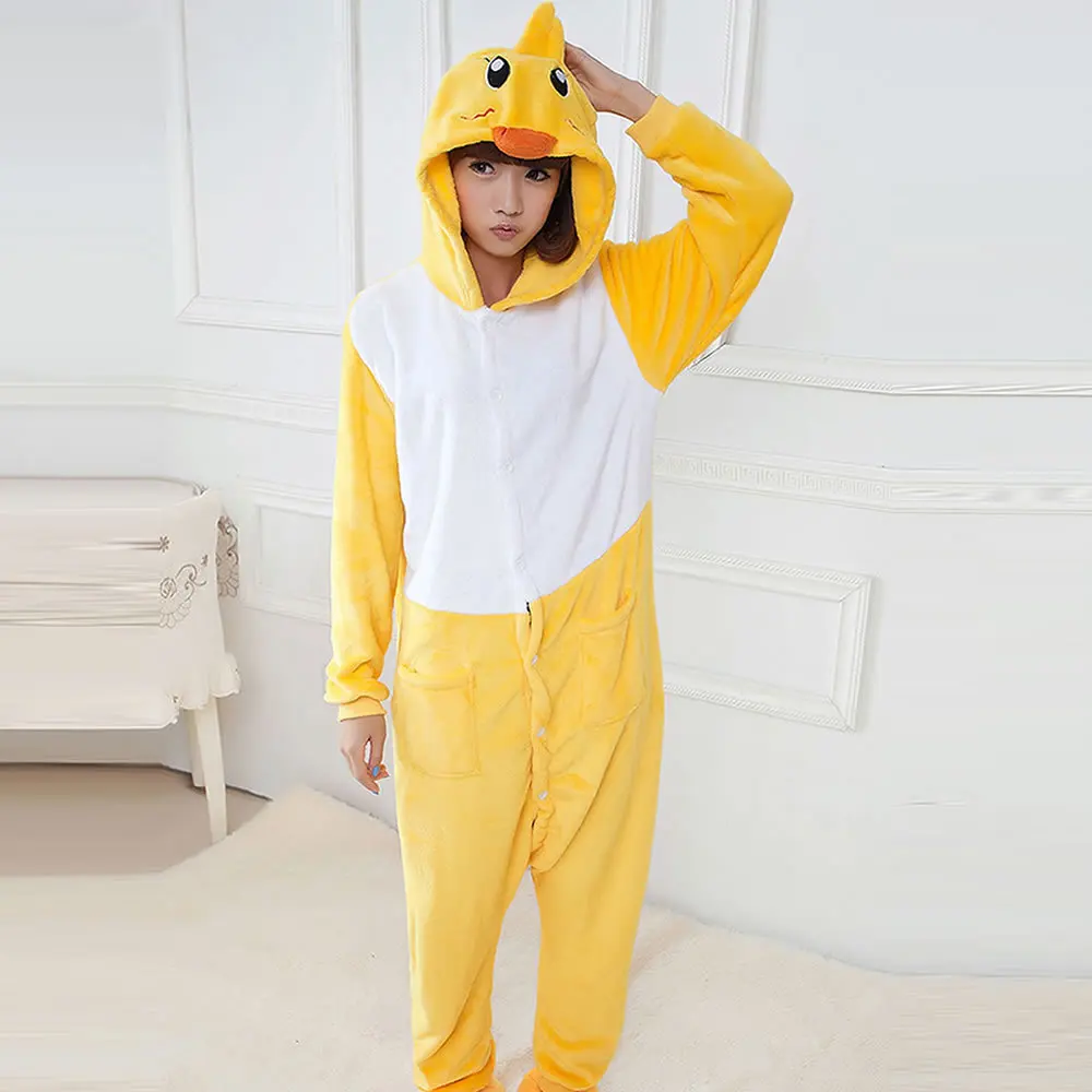 Cute Cartoon Kigurumi Yellow Duck Pajamas Long Sleeve Hooded Onesie Adult Women Animal Halloween Christmas Sleepwear