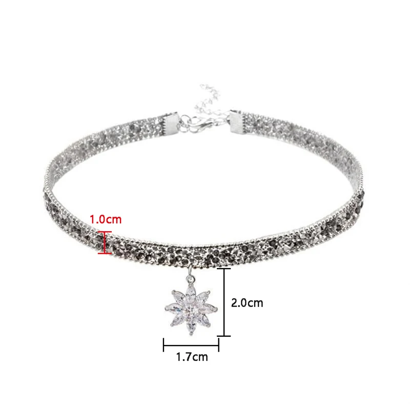 Women Chic Punk Choker Clavicle ChainNeck Jewelry Fashion Crystal Ice Flower Pendant Necklace Glitter Adjustable Metal Chain | Украшения и