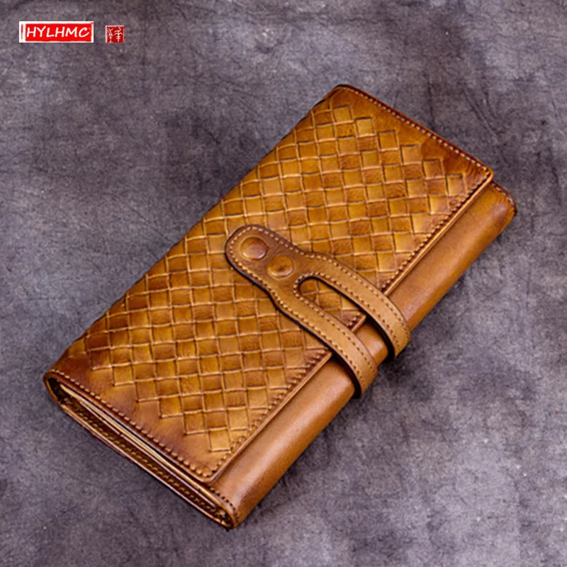 Handmade Leather Purses Women's Wallet Genuine Leather Clutch Bag 2021 New Style Zipper Card Holder Wallets 3 fold Woven Cowhide