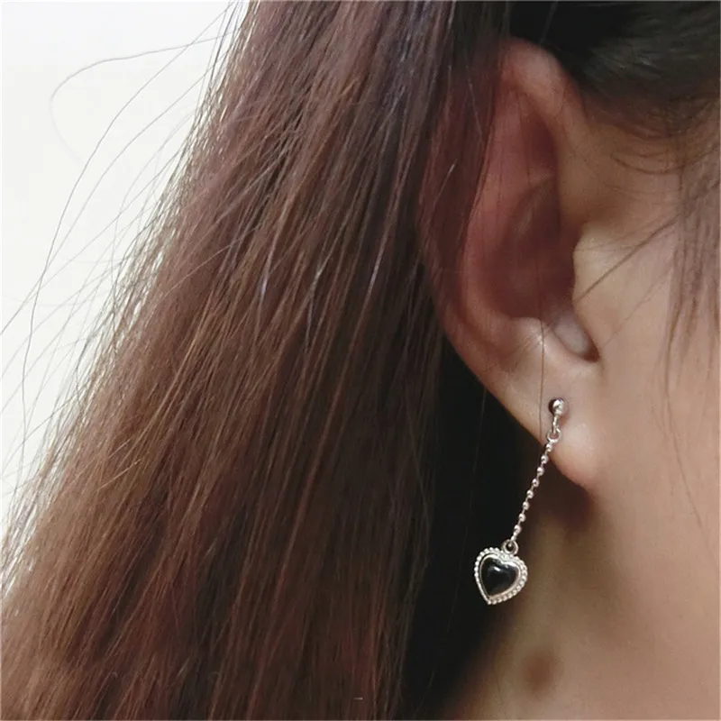 

POFUNUO Real 925 Sterling Silver Women Fashion Lovers Heart Black Agate Drop Earrings Female Korean Style Girls Birthday Earring