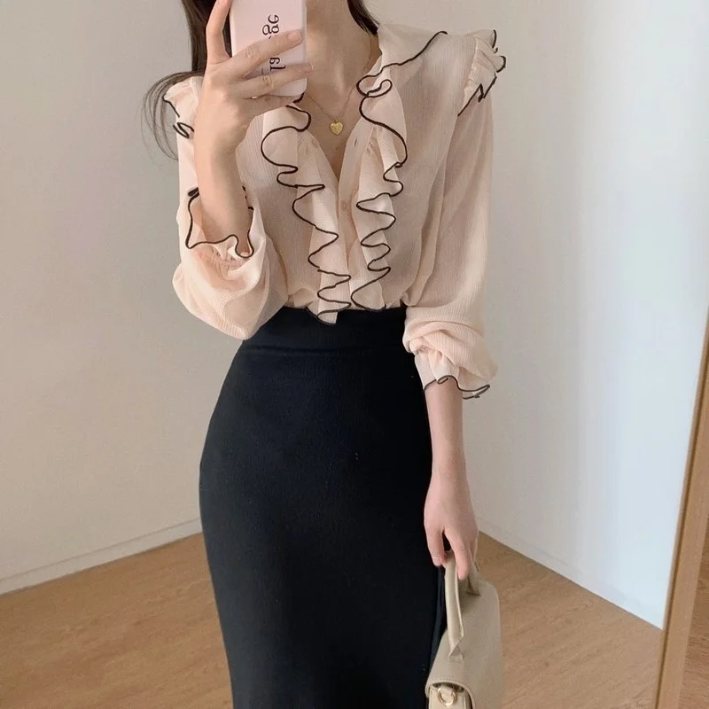 

Ruffles Design Sense Temperament Gentle Chiffon Blouse Simple Office Lady All Match Shirts Sweet Korean Style Thin Femme Blusas