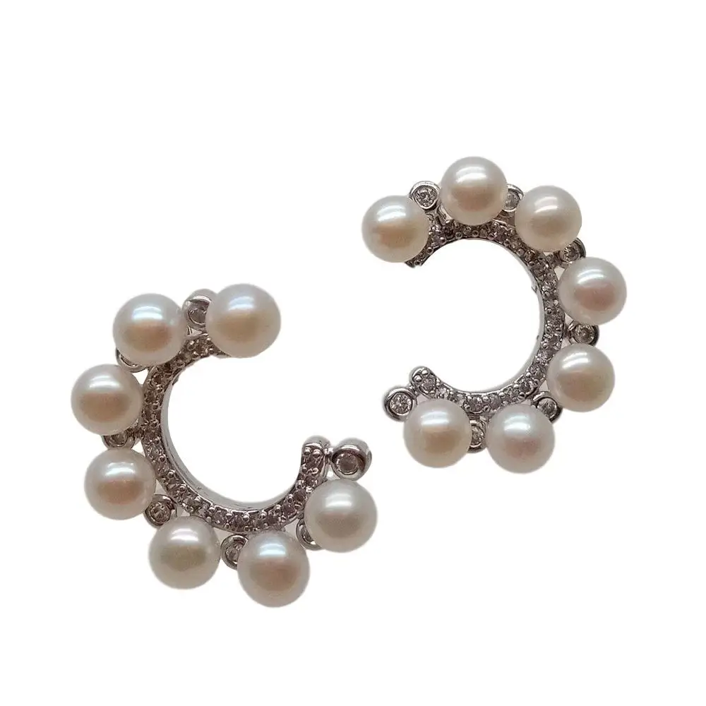 

YYING natural Freshwater White Pearl Cubic Zirconia micro Pave C Type StudEarrings classic party wedding for women