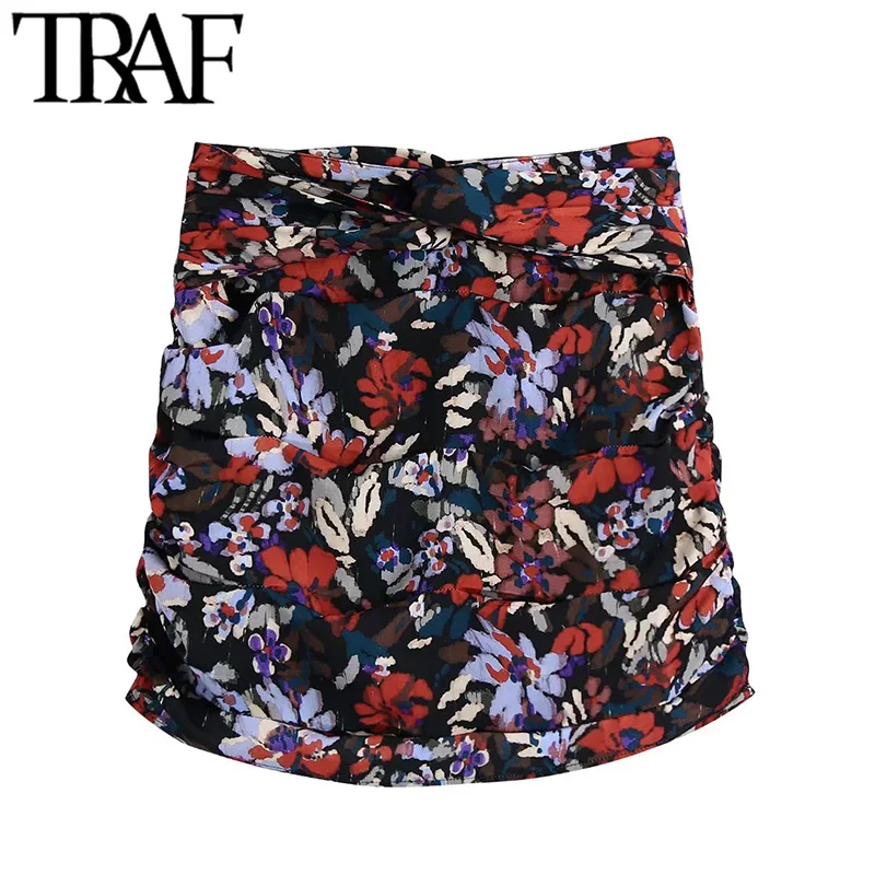 

TRAF Women Fashion With Knot Floral Print Mini Skirt Vintage High Waist Back Zipper Female Skirts Mujer