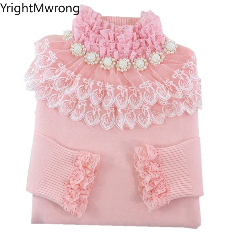 High Neck Bow Warm Fleece Slim Stretch Knit Ruffle Lace Pearls Flower Red Pink Black White Sweater Cute Pullover Winter Fall Top | Женская