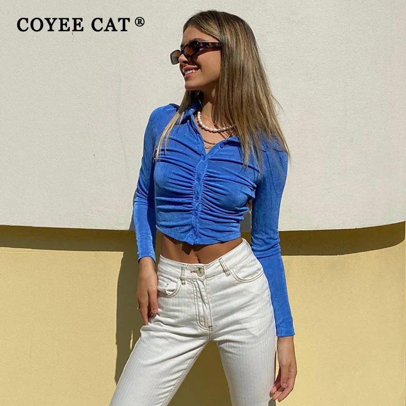 

Coyee Cat Women Autumn Top Turndown Collar Button Long Sleeve Shirring Solid Color Casual Short Bodycon T Shirt Fashion Cardigan