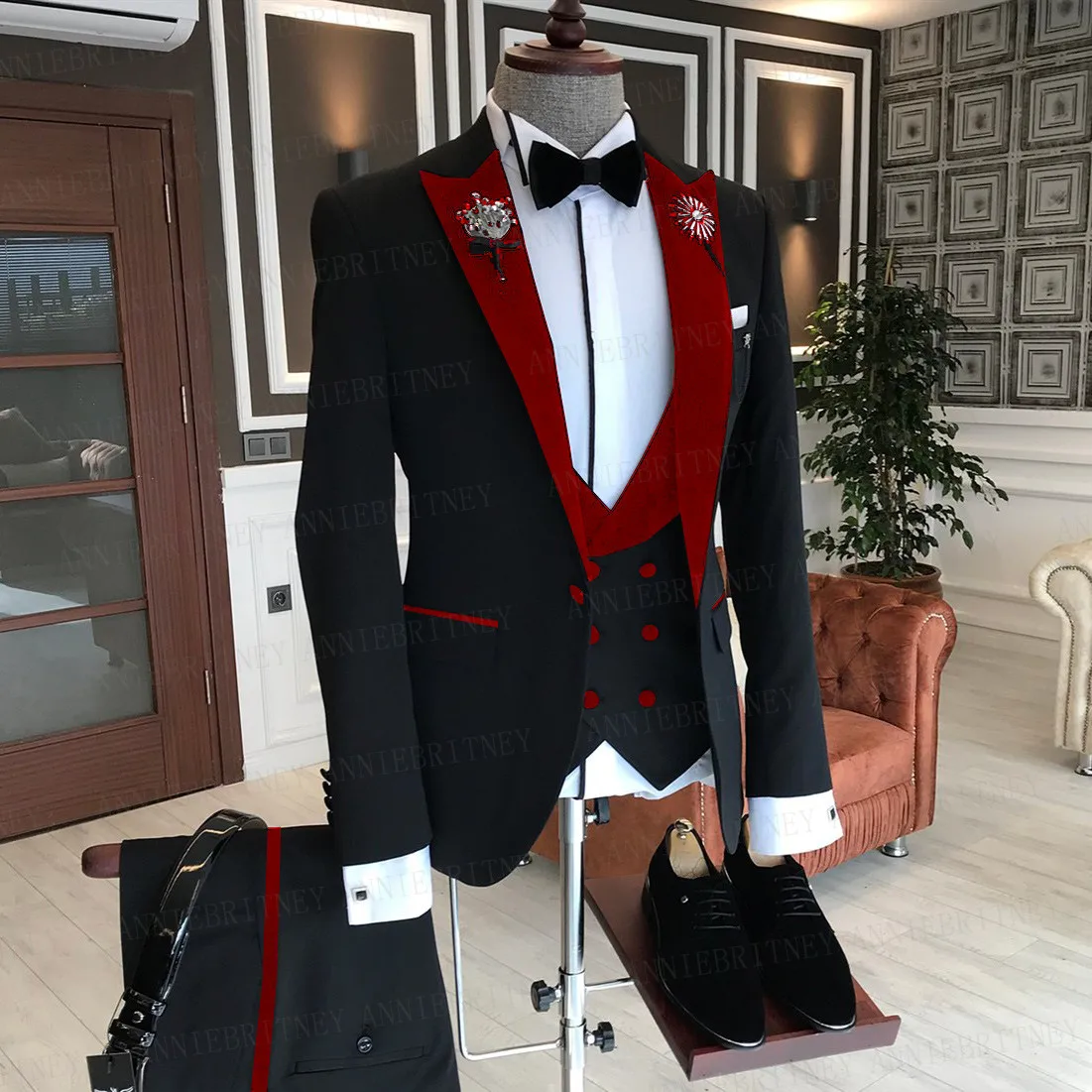 

Деловой мужской костюм из трех предметов 2021, мужской жакет, индивидуальный Модный свадебный костюм для жениха, смокинг, красный бархатный б...