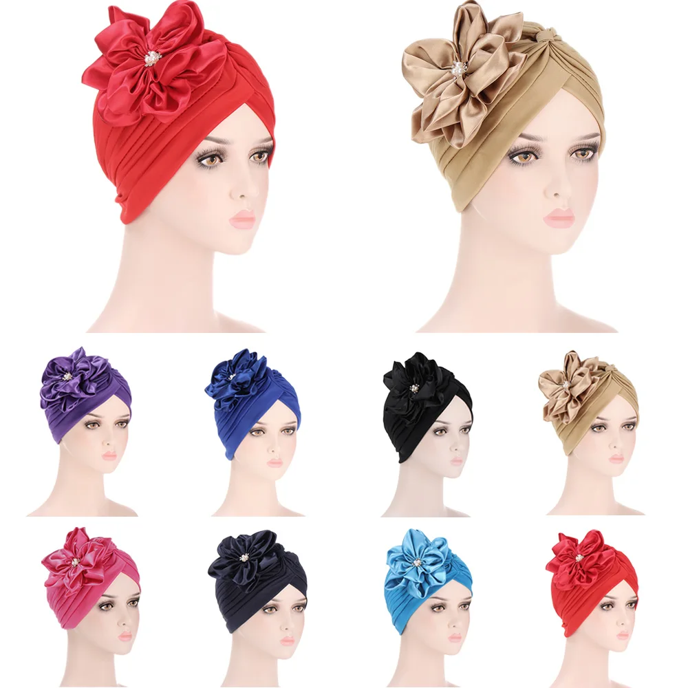 

Fashion Women Diamonds Flower Turban Cap Soild Color Muslim Headscarf Bonnet Inner Hijabs Arab Head Wraps Indian Hat Chemo Cap