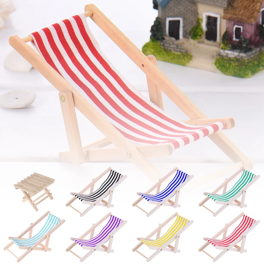 

1:12 Scale Wooden Lounge Chair Striped Dollhouse Miniature Beach Chair Furniture Decor Foldable Deckchair Accessories For Barbie