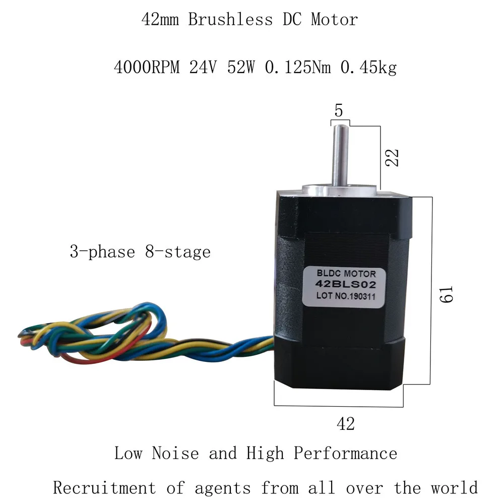 42BLS02 DC Brushless Motor 3.3A 52W Length: 61mm 24V 0.125Nm 4000rpm 3-Phase 8-Stage 42 BLDC Motor With Hall Sensor