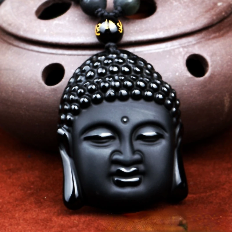 Новый натуральный черный обсидиан резное ожерелье Будды благословение для