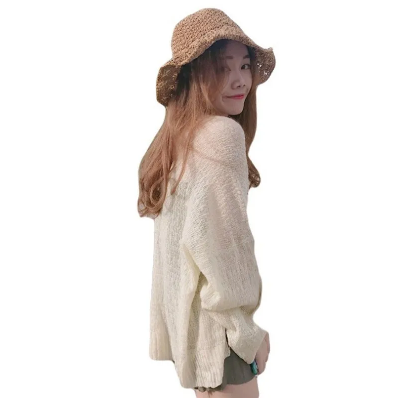 

UVRCOS Hong Kong Style Retro Chic Style Lazy Loose Thin Long Sleeve T-Shirt Summer Versatile Thin Sunscreen Cardigan Girl