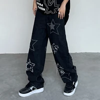 star embroidery harem pants mens high street streetwear washed jeans vintage black straight loose wide leg dad hip hop trousers