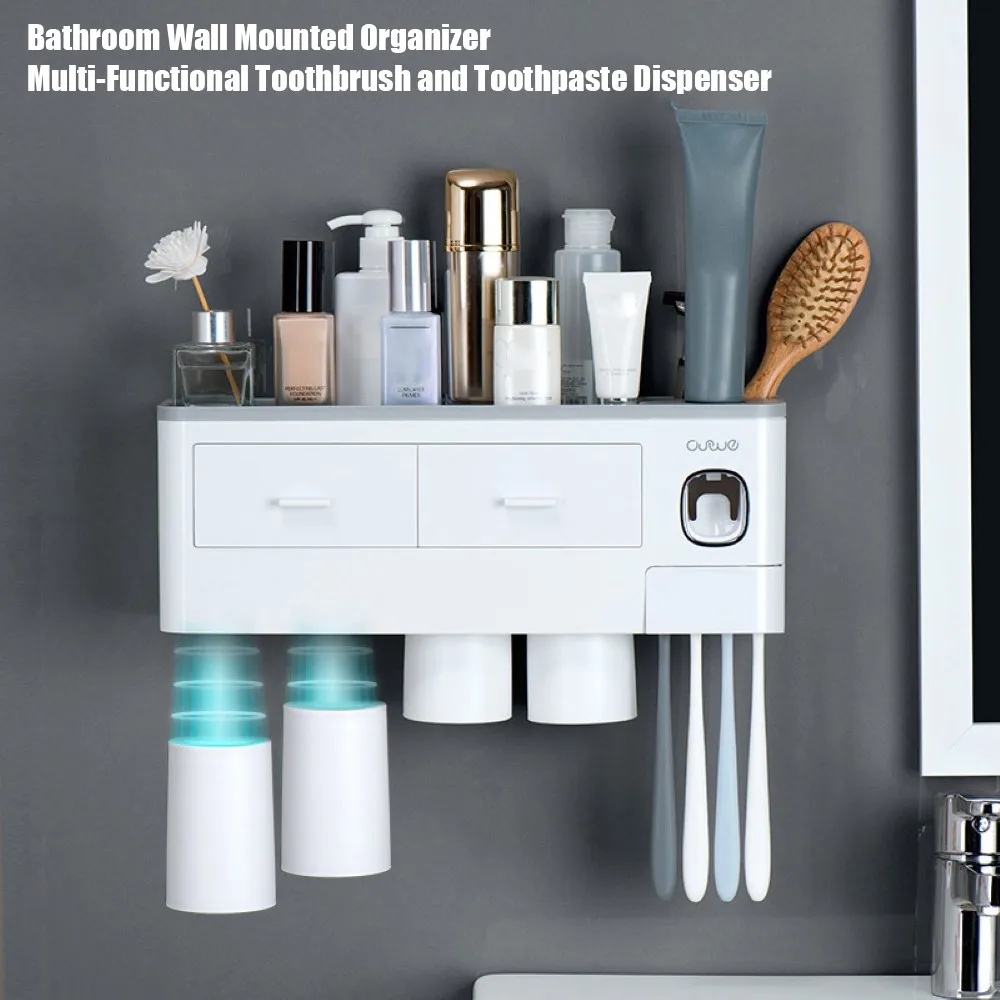 

Automatic Toothpaste Dispenser Wall Mount Dust-proof Toothbrush Holder Wall Mount Storage Rack Bathroom Accessories Set Squeezer