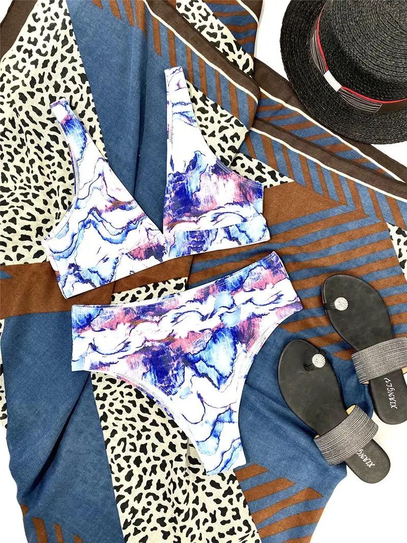 

Sexy Vintage Print Bikini Set 2021 High Waist Women's Swimsuit Summer V Neck Bikinis Swimwear Biquini Beachwear