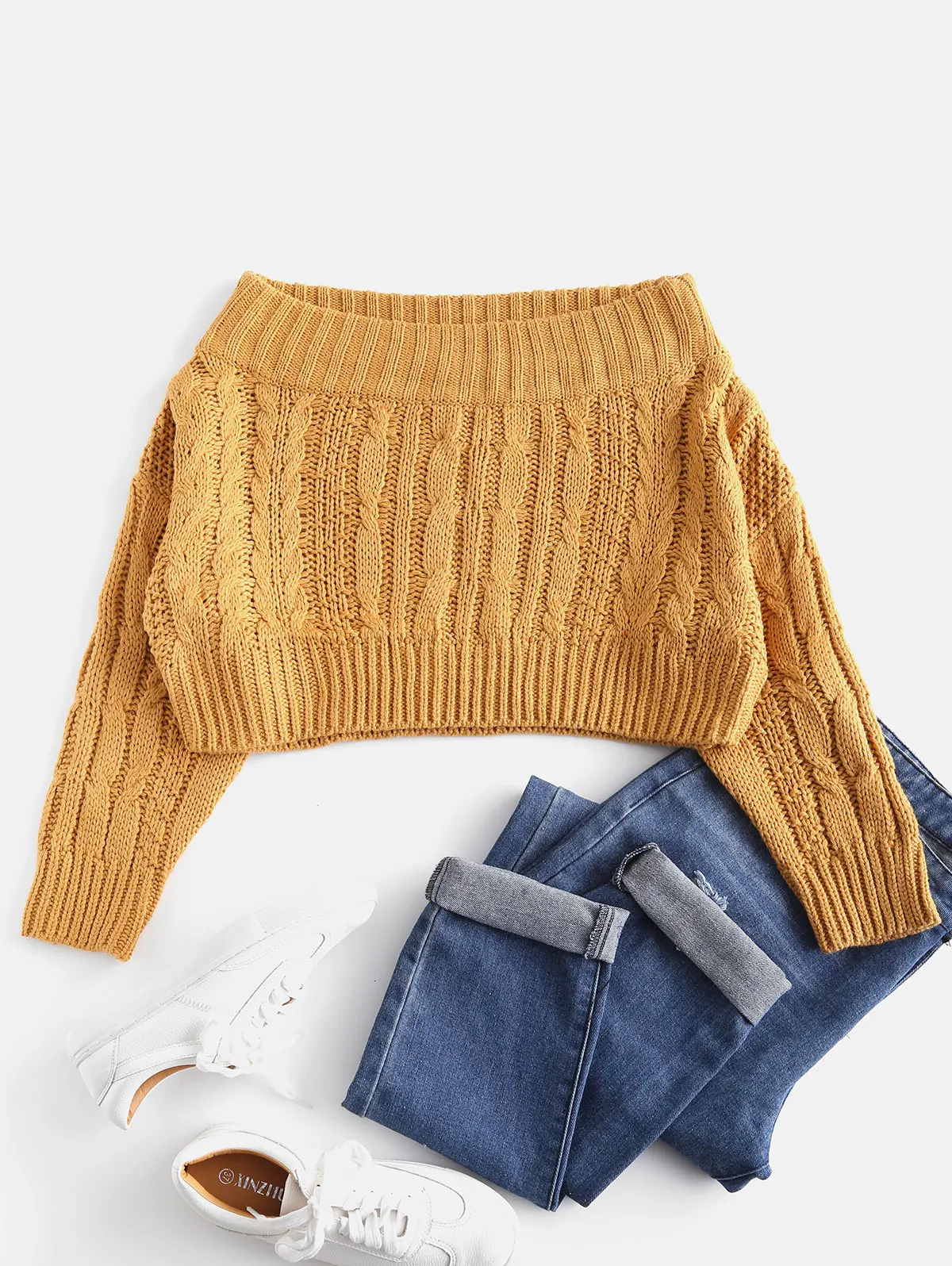 ZAFUL Sweaters Off The Shoulder Chunky Cable Knit Sweater Jumper Knitted Long Sleeve Pullovers Tops Crop Streetwear Fall | Женская