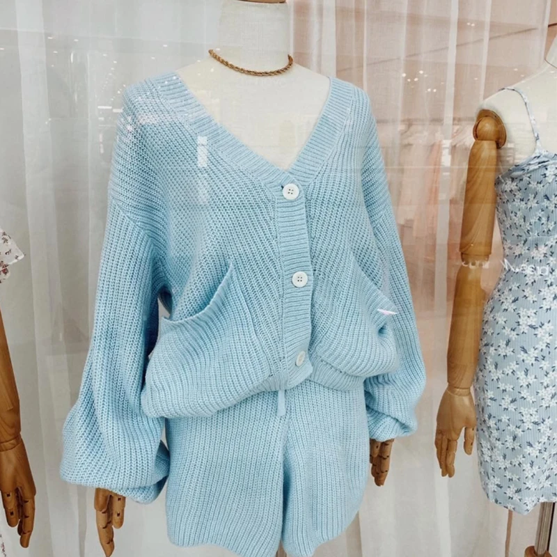 

Wanna This Fashion Knitted Women Two Piece Short Sets Loose Crop Top 2021 Long Sleeve Outfit Commute E-Girl Casual Spring Sexy