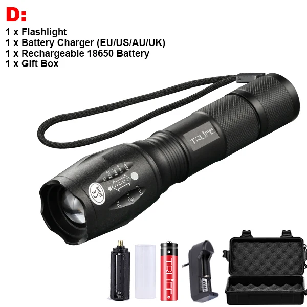 Package D Светодиодный фонарь V6 T6 L2, тактический фонарь, ультра яркий, 200 м, освещение для кемпинга, масштабируемые фонари, 5 режимов использования, аккумулятор 18650 - Испускаемый цвет: Package D
