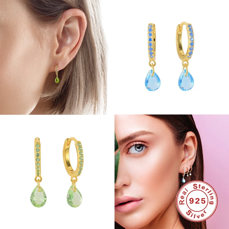 

MC 925 Sterling Silver INS Water Drop Pendant Earrings For Woman Small Hoop Earring For Party Sweet Zircons Piercing Earrings