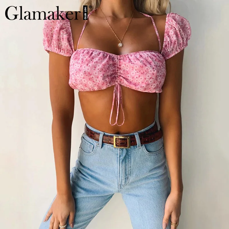 Женский укороченный топ с цветочным принтом Glamaker розовый винтажный на