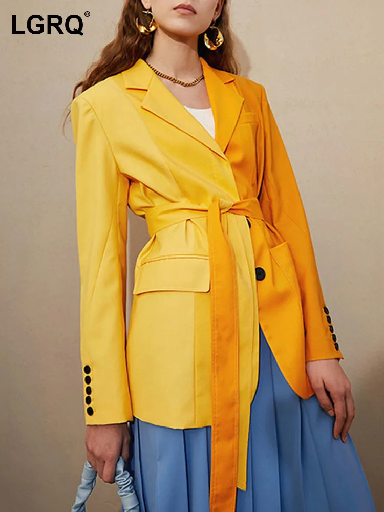 

Женский блейзер с длинным рукавом LGRQ, Черный Повседневный блейзер с отложным воротником и завязками, Осень-зима 2021