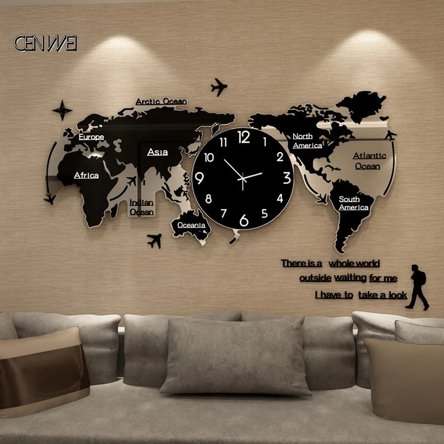 World Map Wall Clock Luminous Modern Design for Living Room Glow in Dark Large Acrylic Sticker Watch Home Decor | Дом и сад