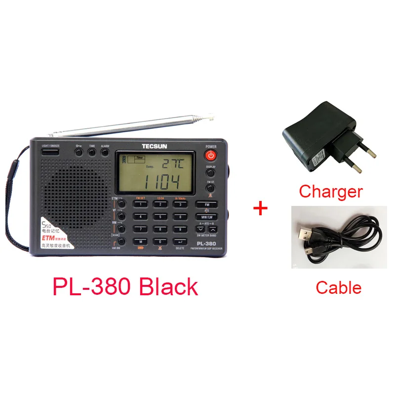 Tecsun PL-380 PL380 радио цифровой PLL портативный радио FM стерео/LW/SW/MW приемник DSP радио - Цвет: Black and charger