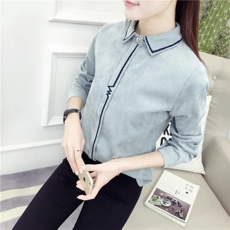 

Corduroy Loose Women's Shirts New Fashion Blouses Solid Color Polo-collar Shirts Autumn Casual Long Sleeve Blusas Houthion