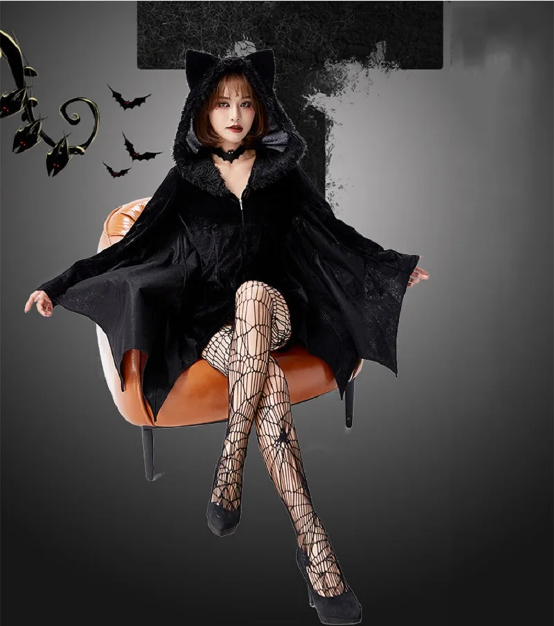 

Черная маска летучая мышь вампира для косплея женские черные злые Ужасы с капюшоном рукав летучая мышь вампира Косплей Хэллоуин костюмы Cos