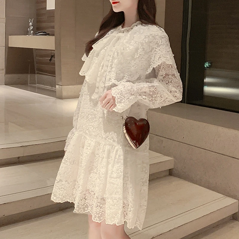 RealShe Peter Pan Collar Women Dress 2020 Flare Sleeve Lace A-Line Ladies Dresses Spring Casual Elegant Sweet Short |