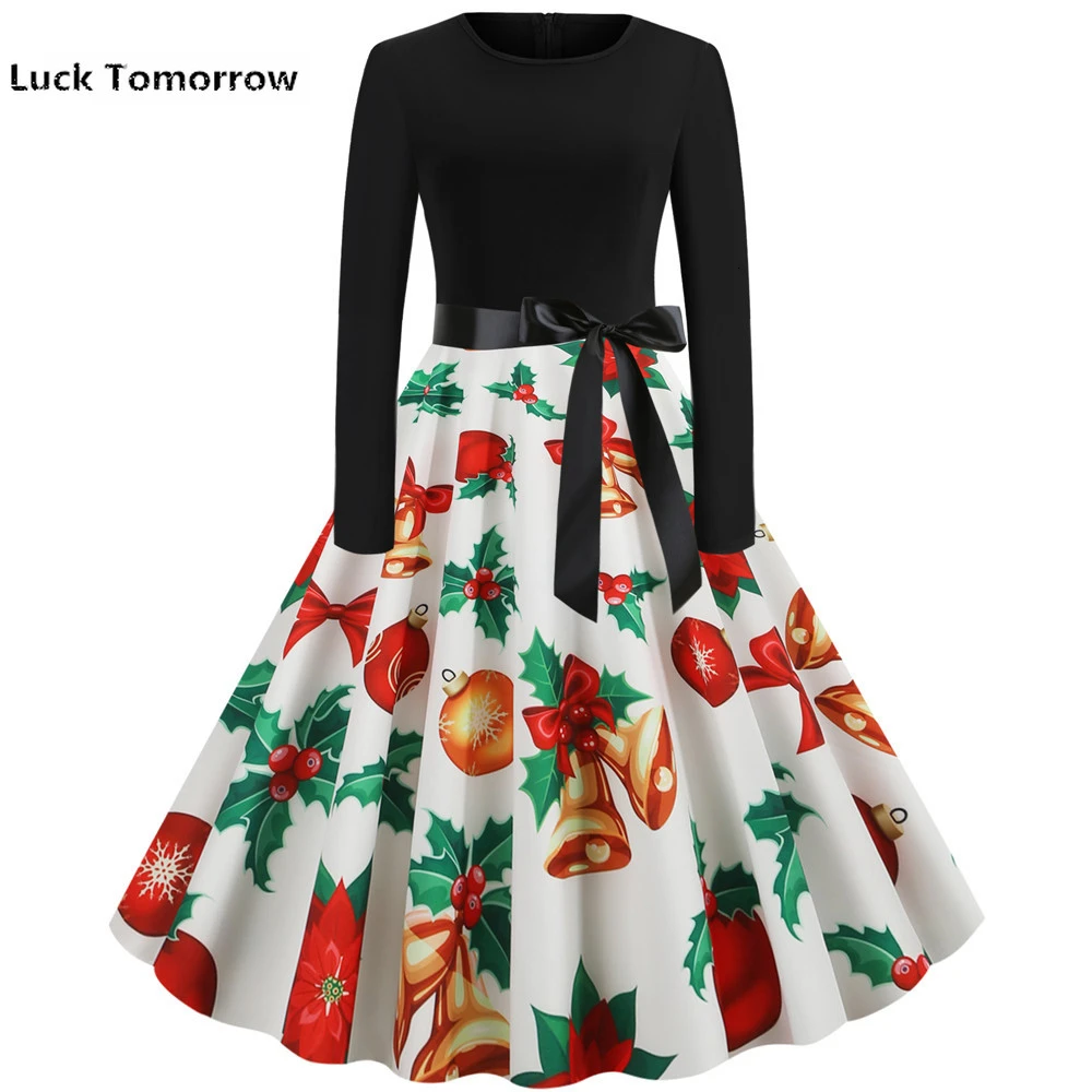 Черное платье миди с принтом для рождественской вечеринки женское элегантное