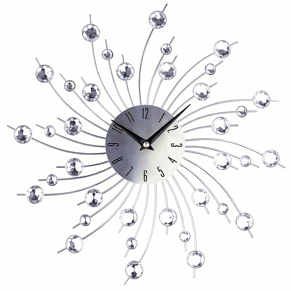 

Luxury Home Decor Wall Clock Vintage Metal Art Diamond Large Retro Clock Wall Watch Clock 3d Sliver Bead Wandklok Modern Design