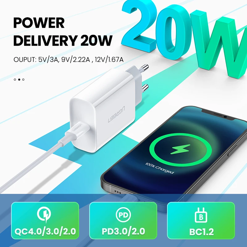 UGREEN PD Charger 20W Fast Charger for iPhone 13 12 X USB Type C Charger for Xiaomi Quick Charge 4.0 3.0 Charging Phone Charger
