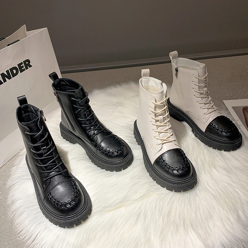 

2021 кожаные ботинки на толстой подошве, новинка, трендовые Модные женские ботинки на среднем каблуке, Короткие Плюшевые ботинки, Лидер прода...