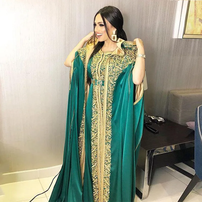 

Охотничье зеленое марокканское Кафтан Вечернее платье с накидкой кружевное мусульманское платье для выпускного вечера с аппликацией арабское женское вечернее платье Дубай