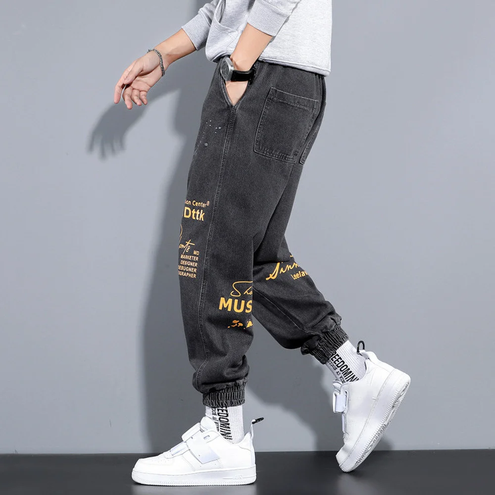 Spring Jeans Men Harlan Loose Casual Tie Foot Pants Trend Drawstring Men's English Offset Printing Trousers Youth Hip-hop Wear
