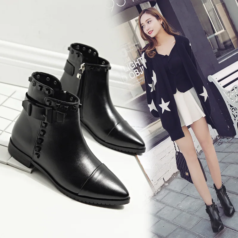Ботильоны для женщин в британском стиле с квадратными заклепками зимние ботинки