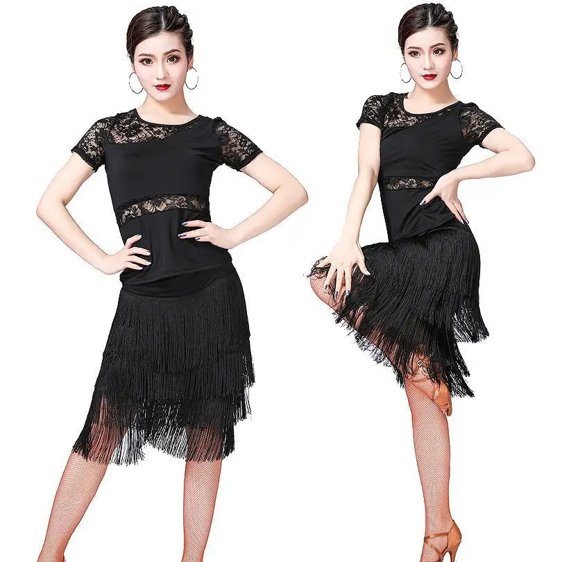 

New Fashion Sexy Tassel 2019 Plus Size Women Dance Wear Salsa Samba Dresses Short Sleeves Floral Lace Girls Latin Dance Dress