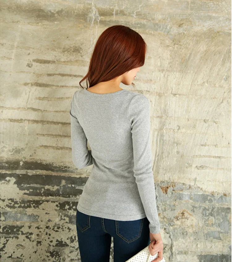 

Long Sleeve V-Neck Button Slim Ladies Top Tee Women Autumn Solid White Black Korean Skinny Casual T-Shirt Fashion Pullovers 2021