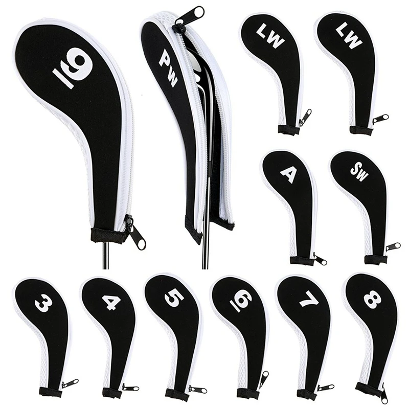 

12x Number Print Golf Club Irons Covers Zippered Driver Head Cover & 3x Golf Head Covers Driver 1 3 5 Fairway Woods